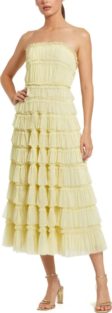 Mac Duggal Solid Mesh Micro Ruffle Strapless Midi Dress | Nordstrom | Nordstrom