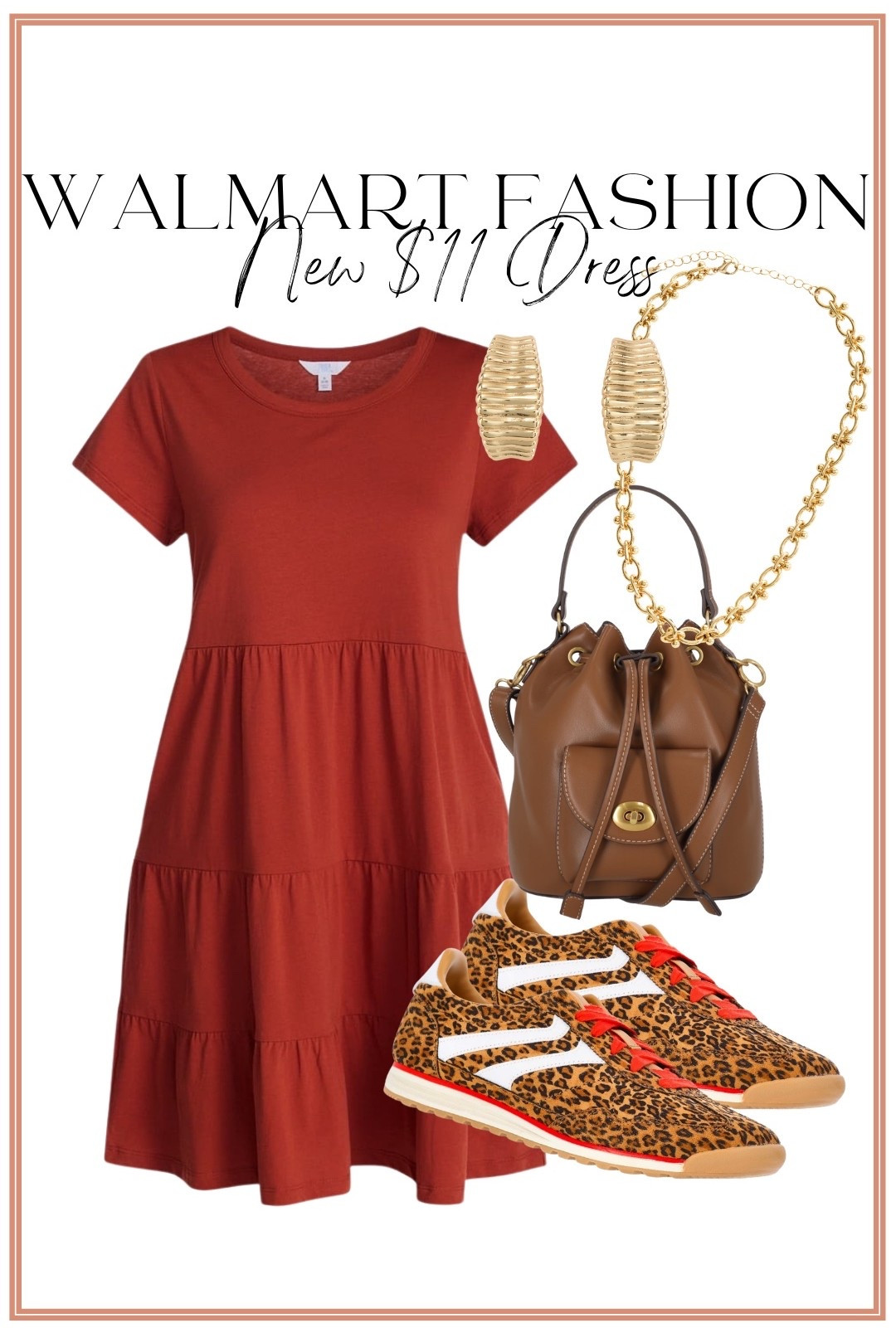 Rust tones are having such a moment for late summer, and this adorable $11 Walmart dress is one of those easy pieces you can throw on and instantly look put together. I styled it with a rich brown bucket bag, bold gold jewelry, and the cutest leopard sneakers for a fun casual look that transitions perfectly into fall. 🍂🤎

The dress is soft, comfortable, flattering, and easy to dress up or down. Wear it with sneakers for everyday errands, school drop-off, or weekend outings, then swap in boots or booties later in the season for a completely different look. I love finding affordable Walmart fashion that looks so much more expensive!

✨ Outfit details:
🤎 New Walmart $11 dress
🤎 Brown bucket bag
🤎 Gold statement earrings + necklace
🤎 Leopard sneakers for the perfect pop of print

If you’re building an affordable fall wardrobe, this is definitely one to grab before sizes disappear!

#walmartfashion #walmartfinds #walmartstyle #walmartnewarrivals #affordablefashion #budgetfashion #casualstyle #fallfashion #falloutfit #everydaystyle #ootd #momstyle #styleinspo #fashionfinds #dressseason #leopardprint #everydayoutfit #falltransition #affordablestyle #fashionover40

#LTKootd #LTKPetite