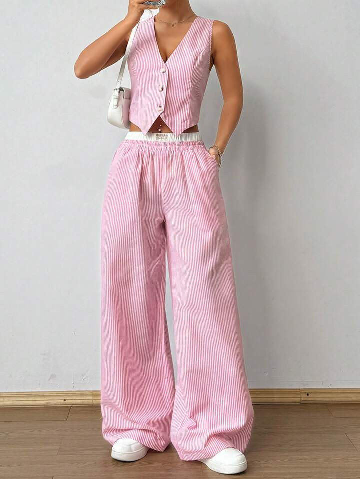 StreetHx Striped Sleeveless V-Neck Front Button Top And Patch Pocket Pants Two-Piece Set | SHEIN