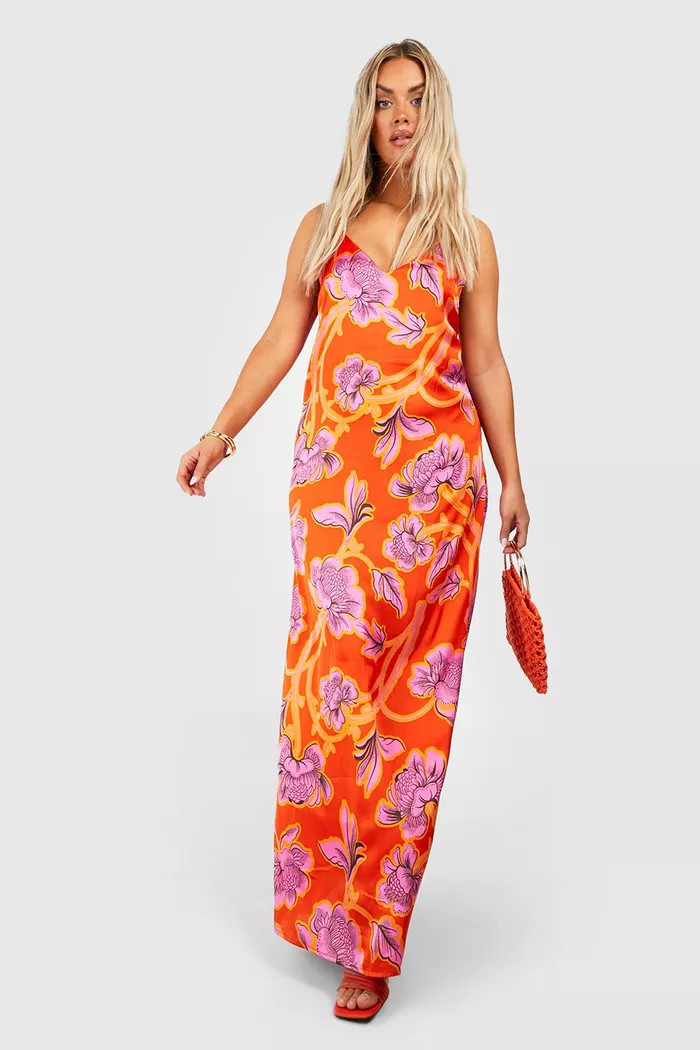 Plus Floral Satin Slip Maxi Dress | Boohoo.com (US & CA)