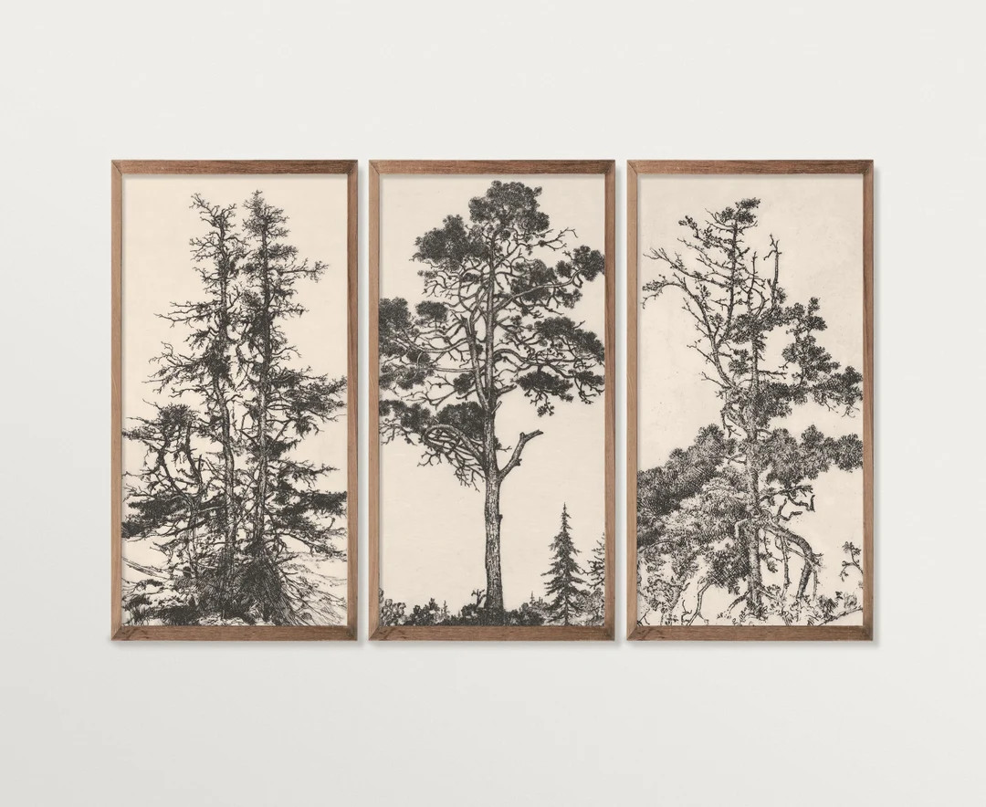 Triptych Gallery Wall Set, Vintage Tree Sketch Art Print, Cottagecore Decor, Rustic Tree Etching ... | Etsy (US)