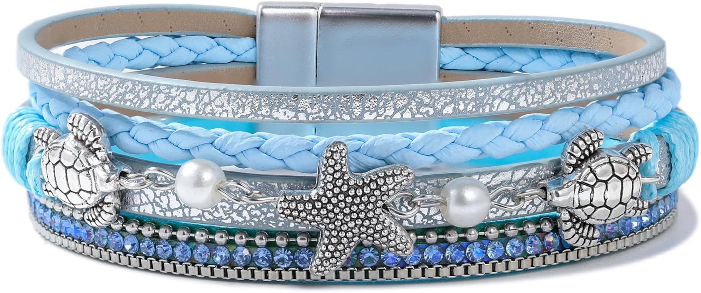 FANCY SHINY Turtle Starfish Leather Wrap Bracelet Boho Rhinestone Pearl Cuff Bracelets for Women ... | Amazon (US)