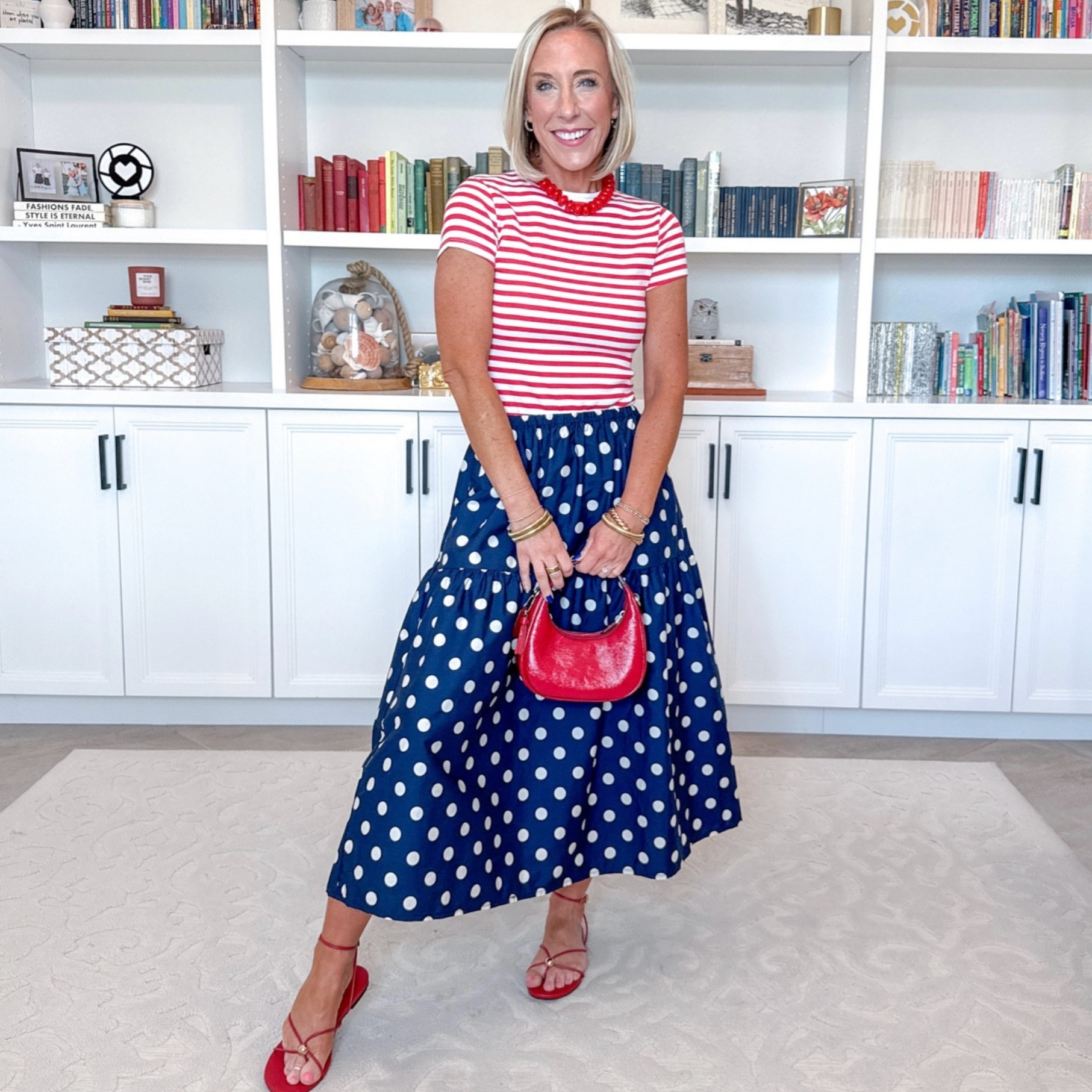 One polka skirt - styled 8 ways: • Midi skirt - size XS. Not lined but not see through. Elastic waistband and pockets! Striped top - size XS.

#LTKootd #LTKSeasonal #LTKOver40