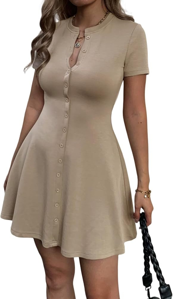 Women's Summer Button Down A Line Flare Mini Dress Casual Crewneck Flowy Hem Bodycon T Shirt Semi... | Amazon (US)