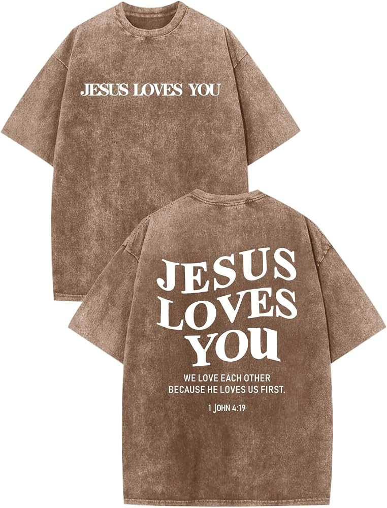 Christian Jesus Loves You Shirts for Men Religious Oversized Graphic Tees Jesus Faith Acid Wash T... | Amazon (US)