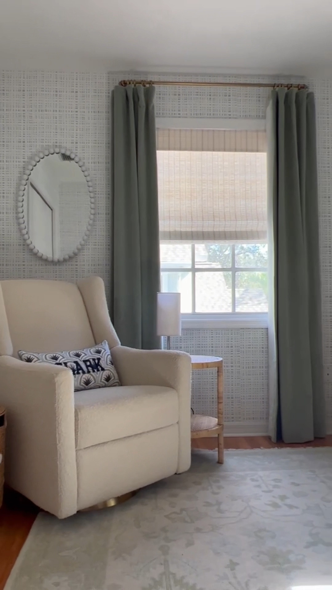 Sweet baby nursery design.

Oval mirror, white mirror, velvet curtains, rug, area rug, soft neutral sage rug, glider, rocker, accent pillow, crib, white crib, baby’s room, baby boy, little boy, wallpaper, dresser, changing table, nursery reveal, timeless decor, interior designer finds

#LTKstyletip #LTKhome #LTKVideo