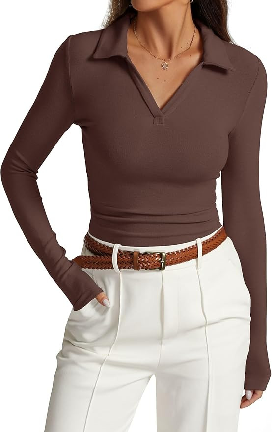 Prettywear Womens Long Sleeve Polo Shirts Collared V Neck Slim Fitted Business Casual Tops Basic ... | Amazon (US)