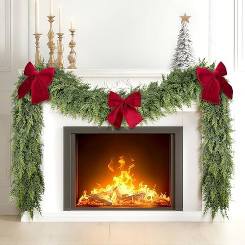 9FT Christmas Cedar Garland with 3 Red Bow, Realistic Soft Faux Cedar Garlands,Thickness Pine Gar... | Amazon (US)