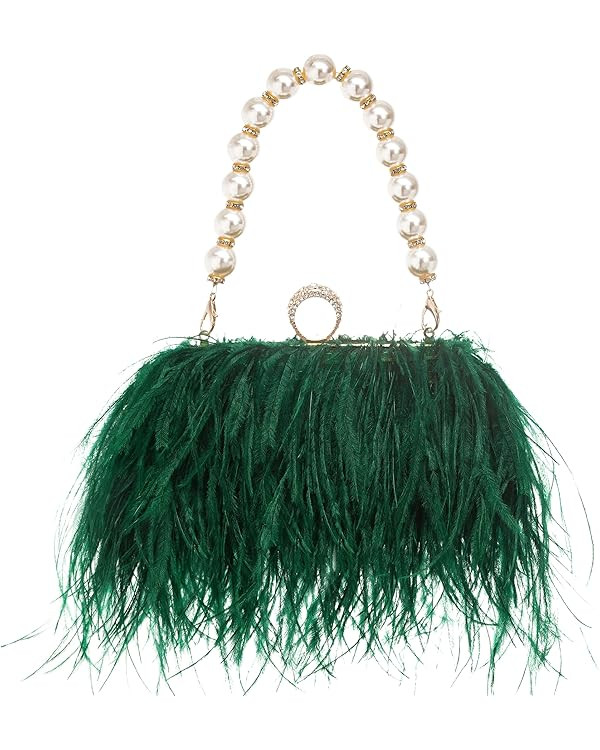 Women Real Natural Ostrich Feather Evening Bags Purses Clutch Vintage Banquet Handbag | Amazon (US)