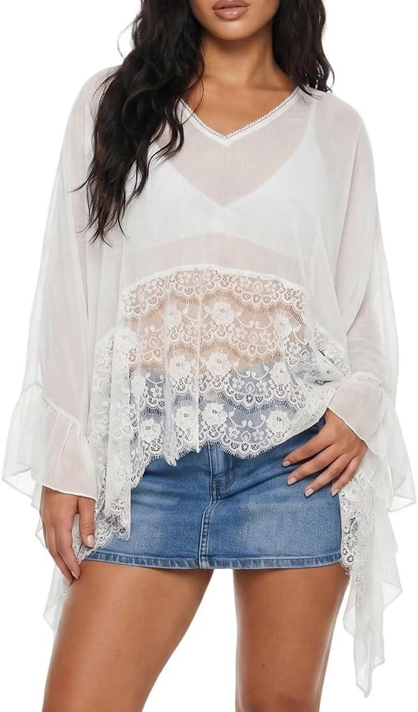 Lordree Women Ruffle Flowy Blouse Flare Sleeve Sheer Mesh Shirt Chiffon Frill Trim Layered Long S... | Amazon (US)