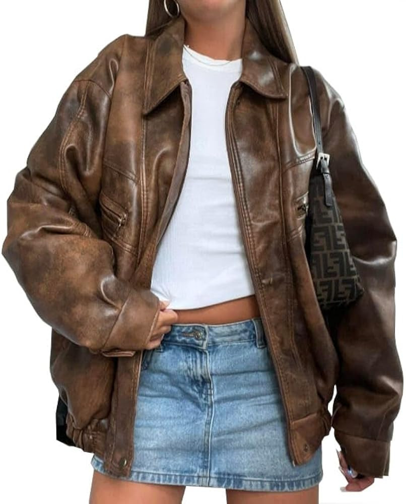 Women’s Vintage 90S Genuine Leather Oversize Retro Bomber Jacket | Amazon (US)