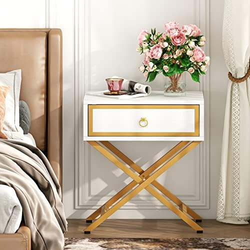 Tribesigns White and Gold Nightstand, Modern Night Stand with Drawer Storage, Tall End Side Table Be | Amazon (US)