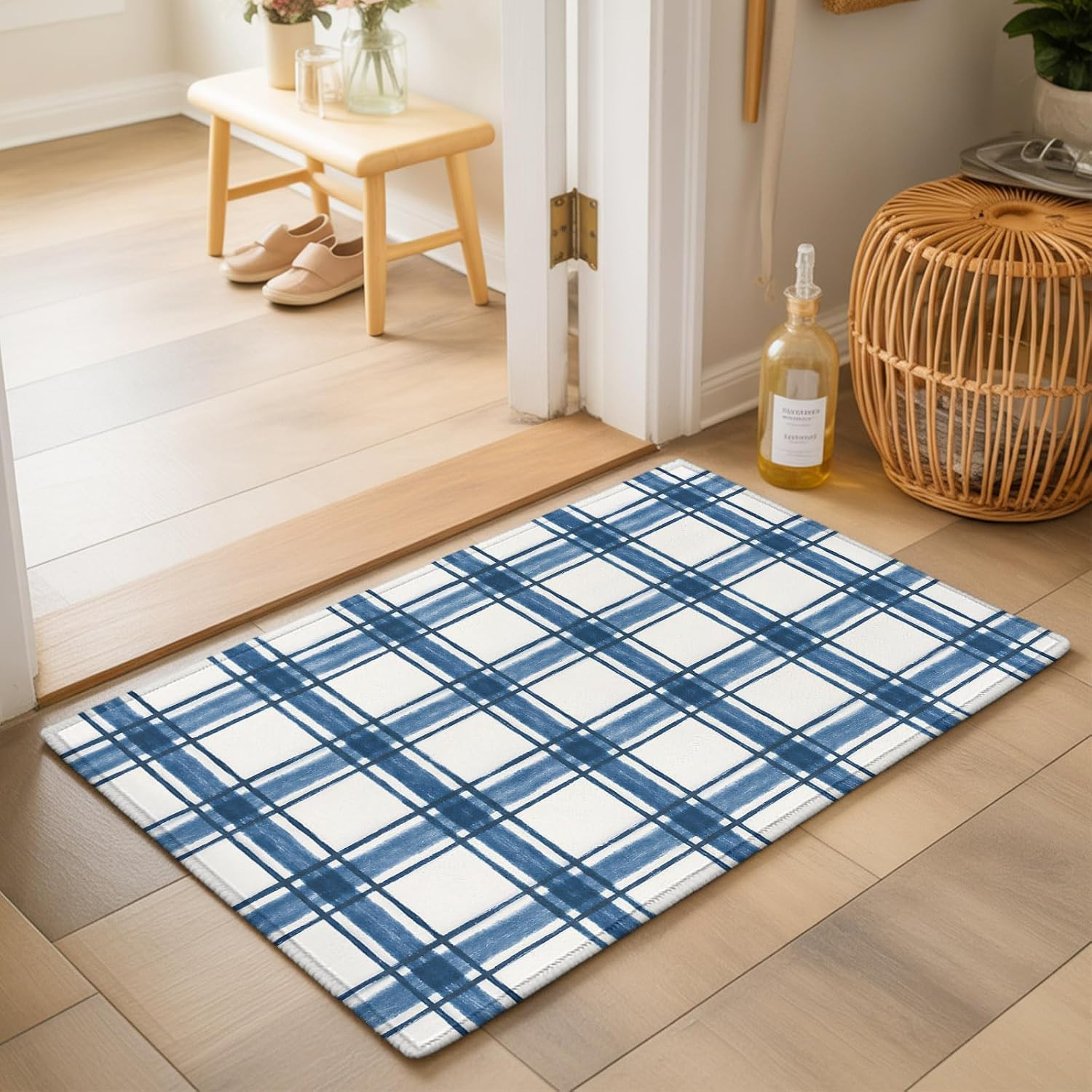 Large Area Rugs for Bedroom Living Room, Blue Plaid Non Slip Carpet Bedside Rug, Gingham Check Minimalist Modern Grid Farmhouse Rectangular Floor Cover Kitchen Accent Rug 2'x3' for Dining Room/Office | Amazon (US)