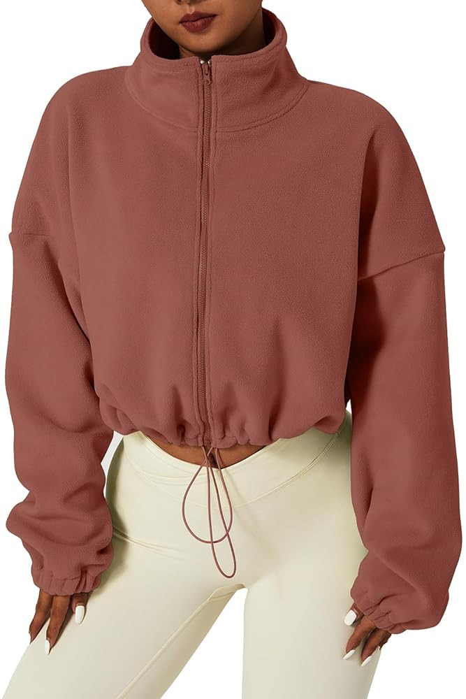 QINSEN Women's Full Zip Fleece Short Jacket Warm Winter Long Sleeve Stand Collar Sherpa Crop Coat | Amazon (US)