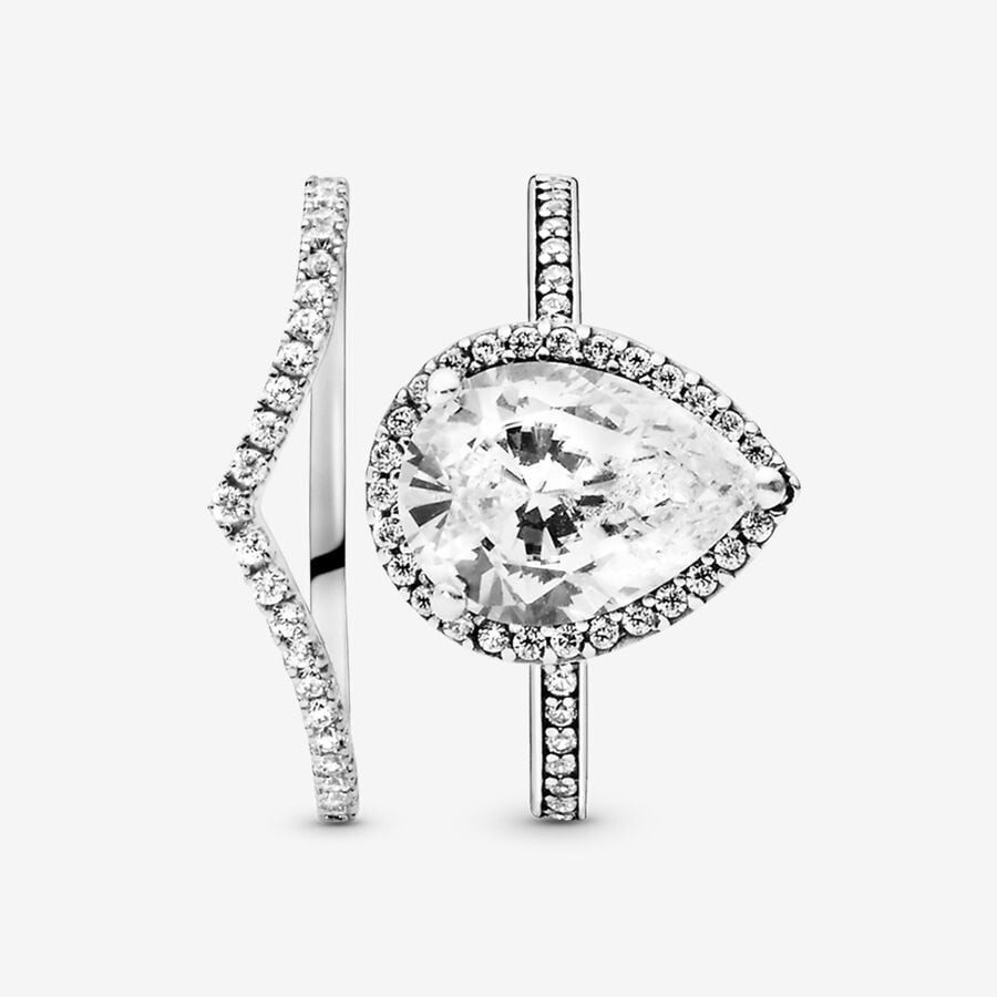 Teardrop Halo and Wishbone Stacking Ring Set | Pandora (US)