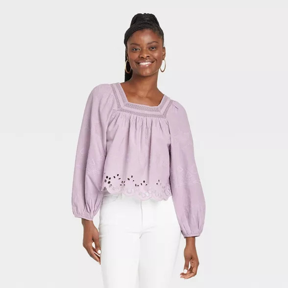 Women's Balloon Long Sleeve Eyelet Blouse - Universal Thread™ Light Purple L | Target