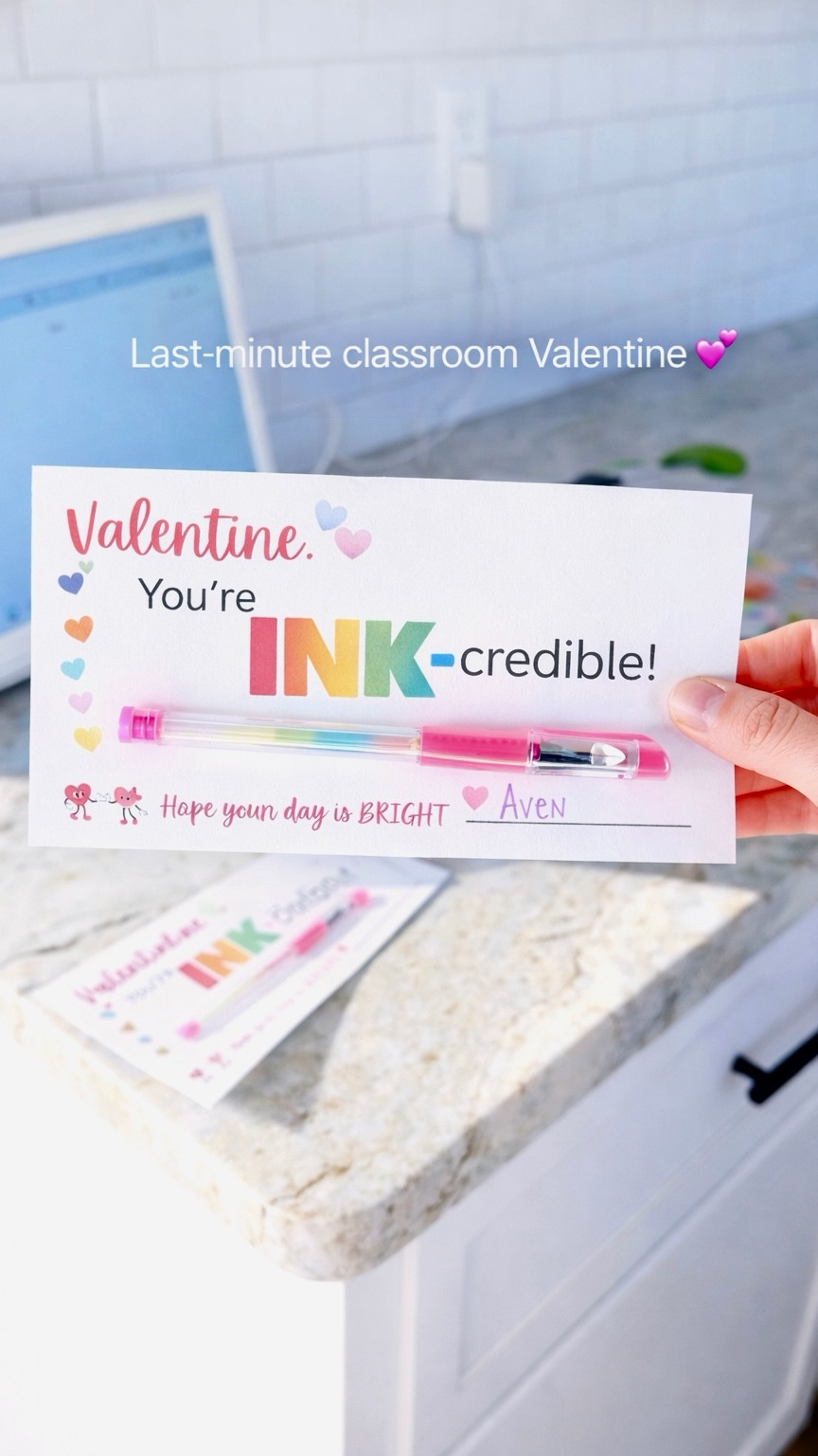 Last-minute classroom Valentine idea 💕
I designed this in Canva and paired it with colorful pens from Walmart — easy, cute, and no candy.

👉 Printing tip: This works best printed on white cardstock instead of regular printer paper so it holds up better when you tape the pen on.

Free printable is linked in my  instagram bio — just click the link, download or save to your phone, and print for your kid’s class.

#ClassroomValentines #ValentinesForKids #MomLifeHacks #DIYValentines #walmartcreator 

#LTKmomlife #LTKKids #LTKValentine