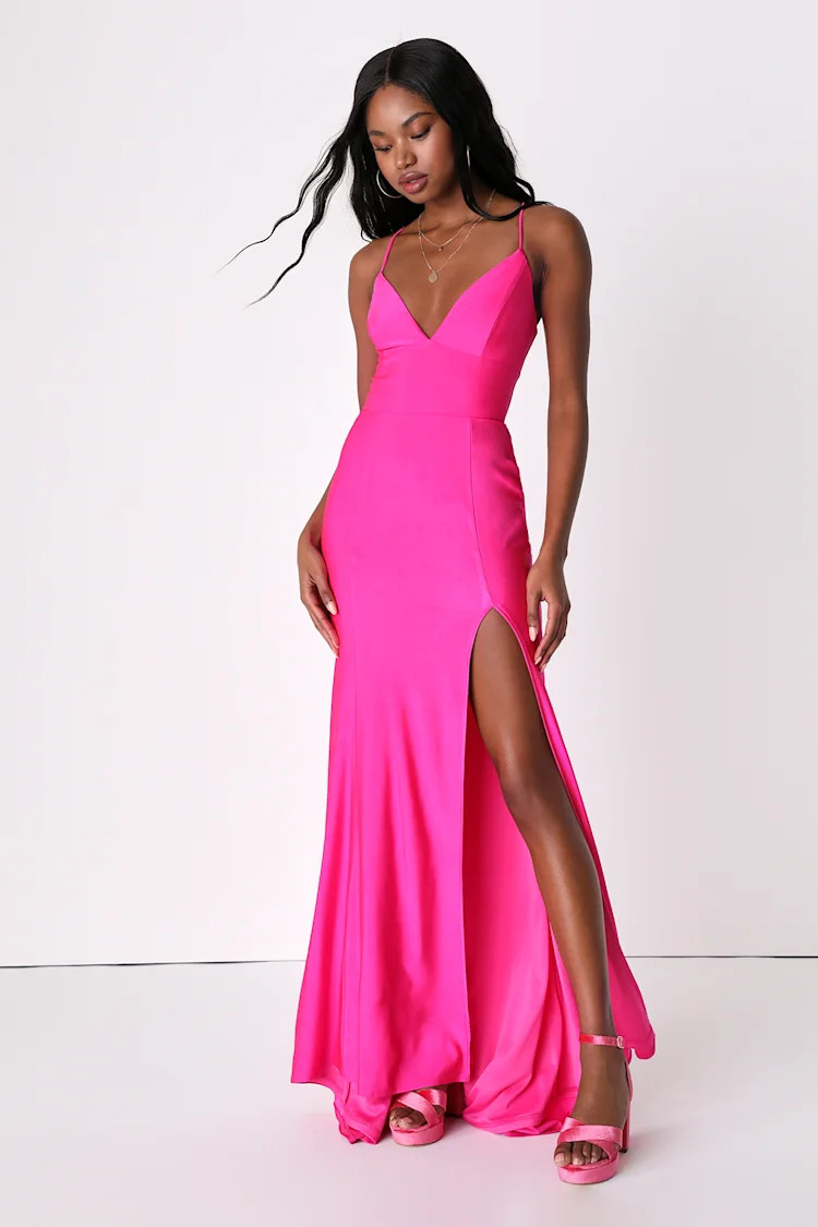 Divine Desires Hot Pink Satin Lace-Up Mermaid Maxi Dress | Lulus