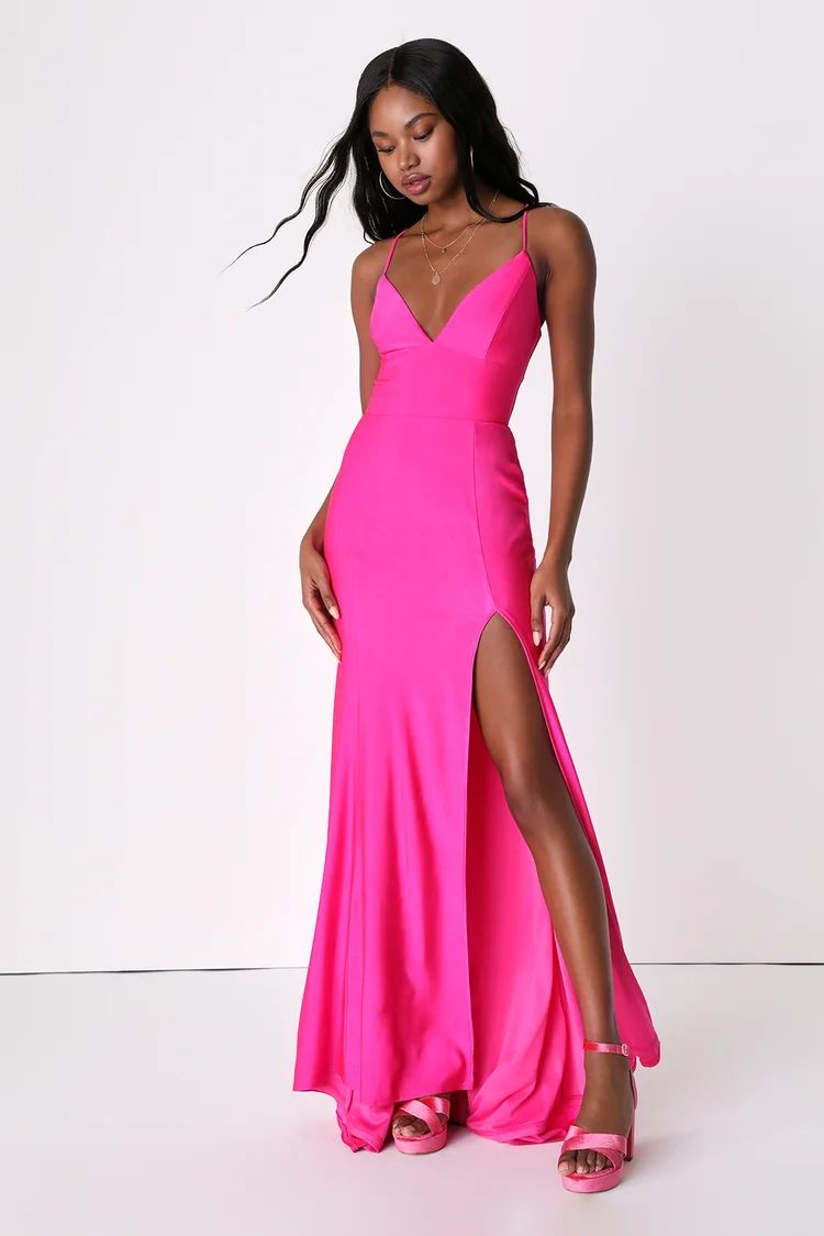 Divine Desires Hot Pink Satin Lace-Up Mermaid Maxi Dress | Lulus (US)