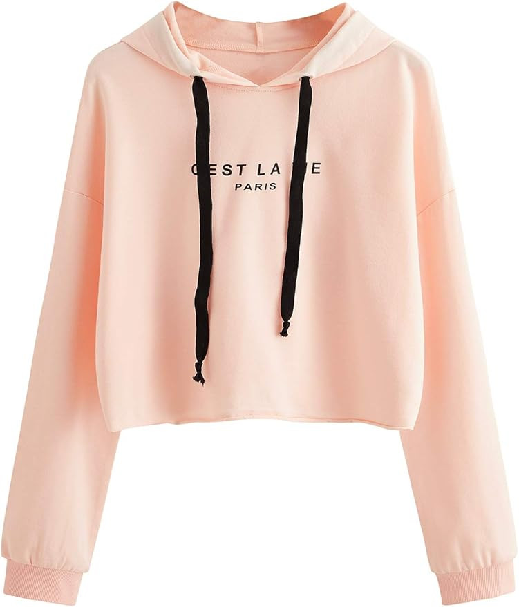 Romwe Women's Letter Print Sweatshirt Raw Hem Drawstring Crop Top Hoodie | Amazon (US)