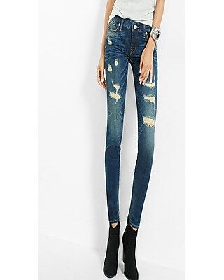 Express Womens Low Rise Distressed Stretch Skinny Jeans Blue 18 Short | Express