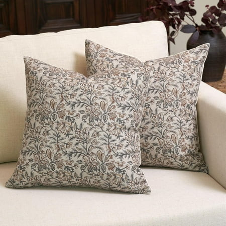 Floral Throw Pillow Covers 20x20 Set of 2 Vintage Block Print Pillow Covers Decorative Pillow Covers Couch Pillows for Room Farmhouse Accent Sofa Pillows, Green/Sand | Walmart (US)
