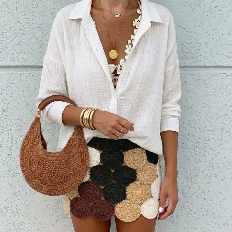 SIMONMILLER Crochet Beep Beep Mini Skirt. H&M Long Cotton Shirt
