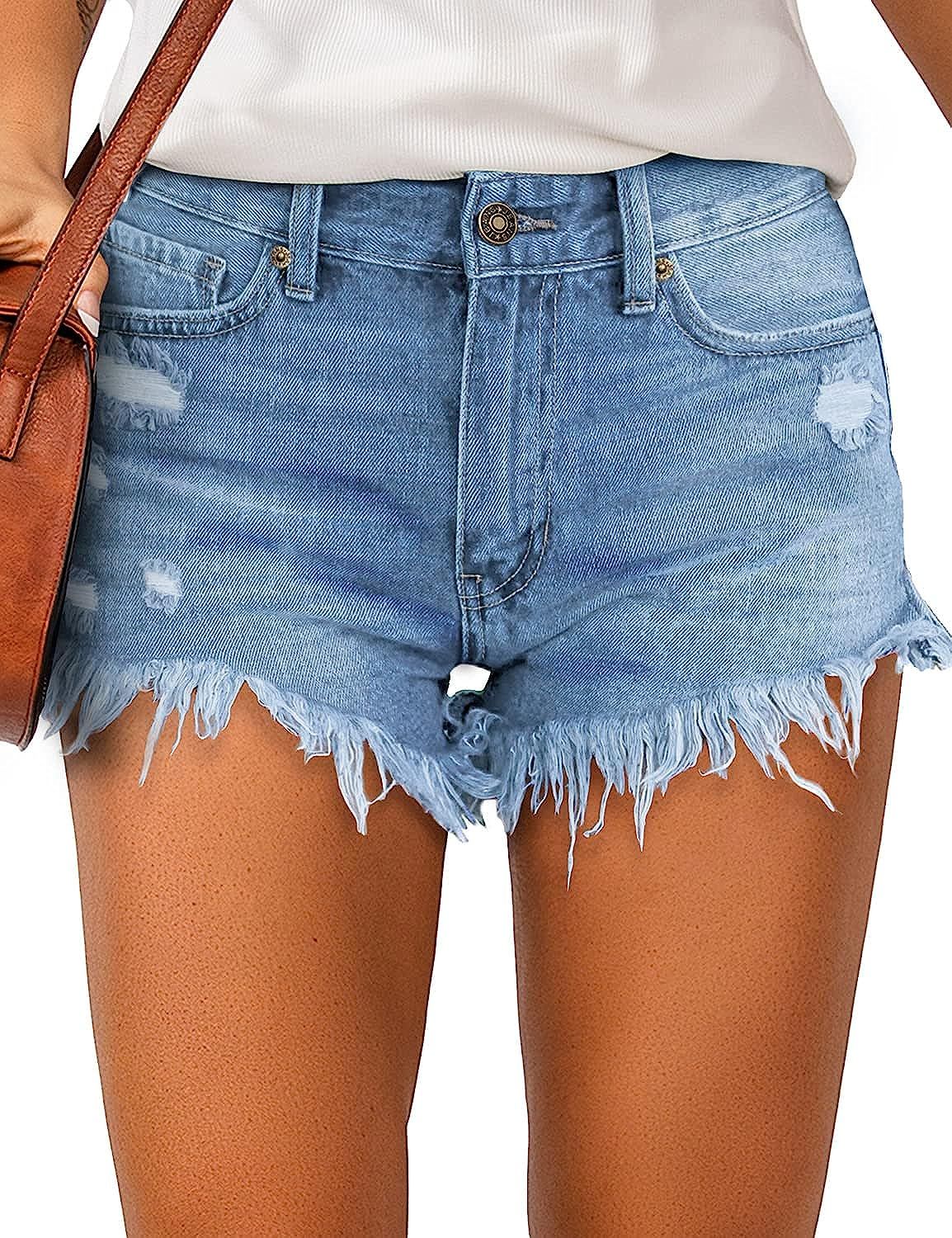 luvamia Women's Casual Denim Shorts Frayed Raw Hem Ripped Jeans Shorts | Amazon (US)