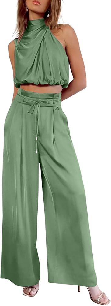 PRETTYGARDEN Womens 2024 Summer Sleeveless Mock Neck Crop Tops Wide Leg Pants Set | Amazon (US)