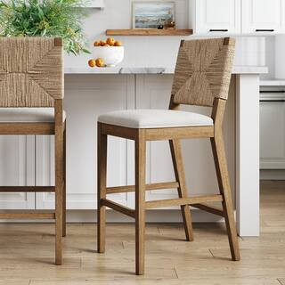 Beacon 29 in. Bohemian Boucle Upholstered Wood Bar Height Bar Stool w/Woven Back, Cream Boucle/Light Brown | The Home Depot