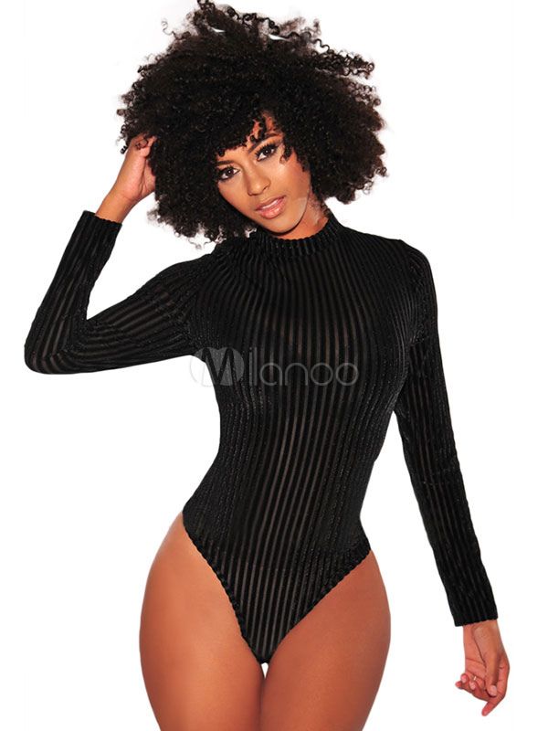 Women Black Bodysuit Long Sleeve Backless Striped Sexy Top | Milanoo