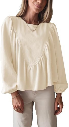 Women's Peplum Babydoll Top Waffle Knit Shirt with Back Button Lantern Sleeves for Casual Outfits | Amazon (US)