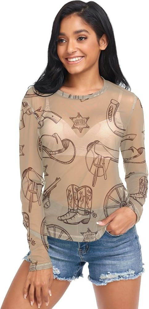 Christmas Holly Leaves Green Womens See Through Top Mesh Tops O Neck Mesh Tops Top Shirt | Amazon (US)