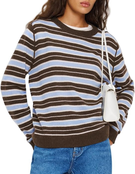 Hixiaohe Womens Casual Striped Sweater Pullover Vintage Crew Neck Long Sleeve Ribbed Knit Tops Co... | Amazon (US)