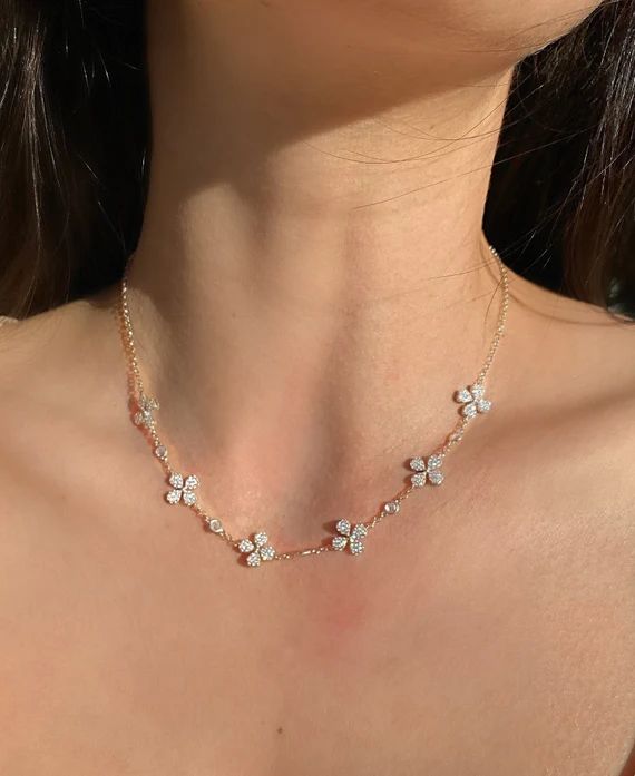 Flower Necklace Silver Diamond Necklace  Four Leaf Clover | Etsy | Etsy (US)