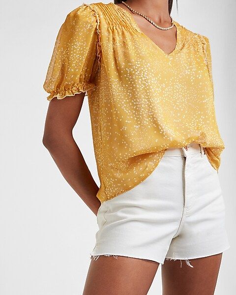 Printed Puff Sleeve V-Neck Top | Express