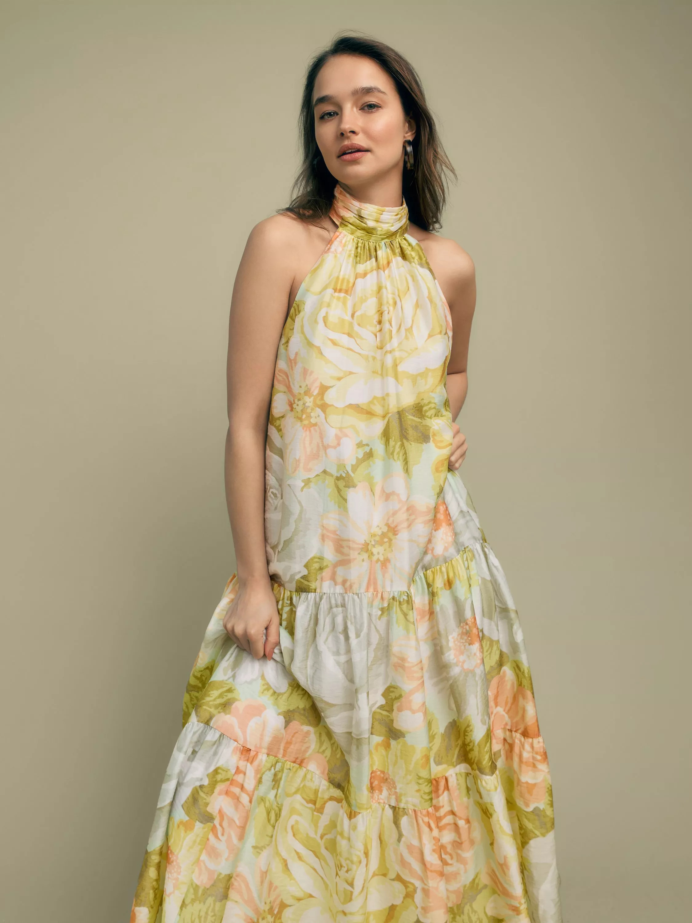 FLORERE Halter Neck Tiered Peony Print Midi Dress, Multi | John Lewis (UK)