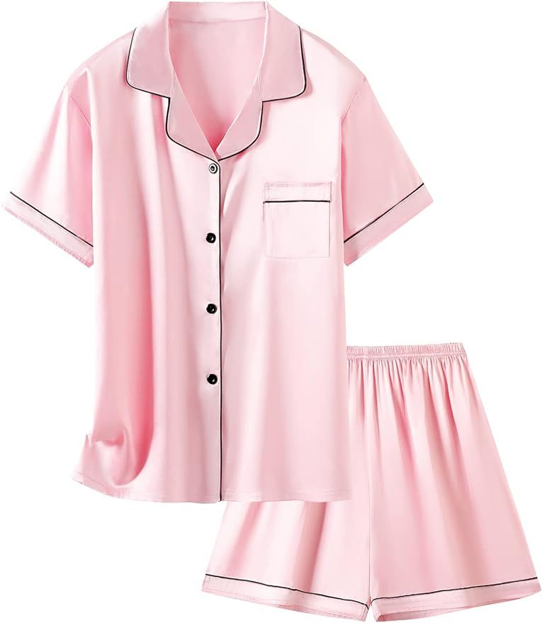 Schbbbta Girls & Women Satin Pajamas Set, 2Pj Silk Nightwear Button-Down Sleepwear for Teen Kid, ... | Amazon (US)