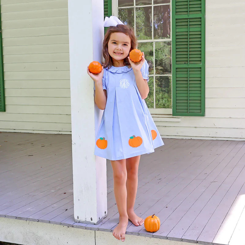Pumpkin Cluster Light Blue Chloe Dress | Classic Whimsy