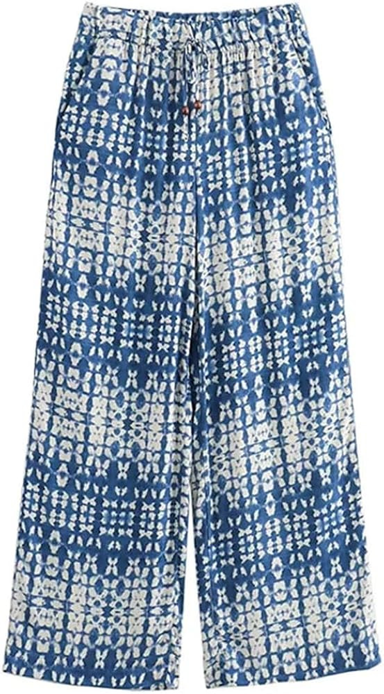 Women Suits Print V-Neck Long Sleeve Crop Tops+Elastic Waist Bow Lace-Up Wide Leg Pants Sets | Amazon (US)
