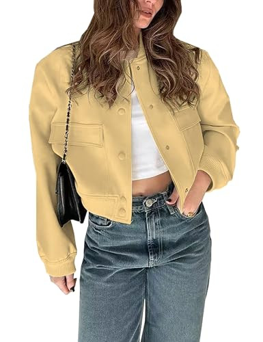 Megfie Womens Cropped Bomber Jacket Button Down Varsity Jackets Shackets with Pockets, Yellow, Small | Amazon (CA)
