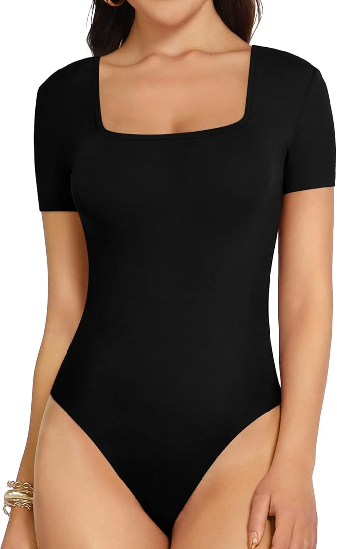 MANGOPOP Square Neck Bodysuit Long Sleeve for Women Short Sleeve Body Suit Going Out Tops Shirts | Amazon (US)