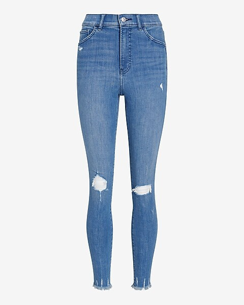 High Waisted Medium Wash Ripped Raw Hem Skinny Jeans | Express