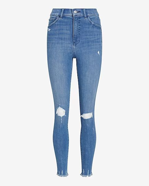 High Waisted Medium Wash Ripped Raw Hem Skinny Jeans | Express