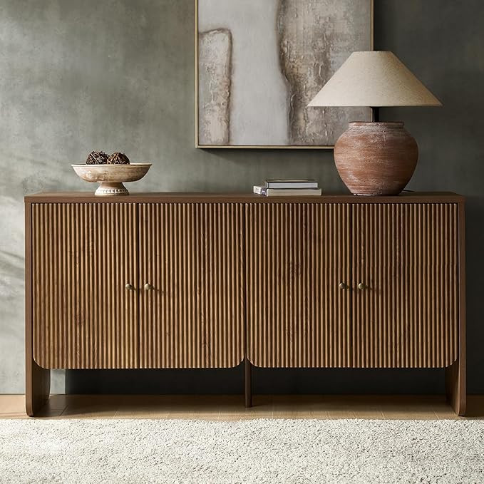 HULALA HOME 63" Wide Fluted Sideboard Buffet Cabinet Solid Wood, Modern Storage with 4 Adjustable... | Amazon (US)