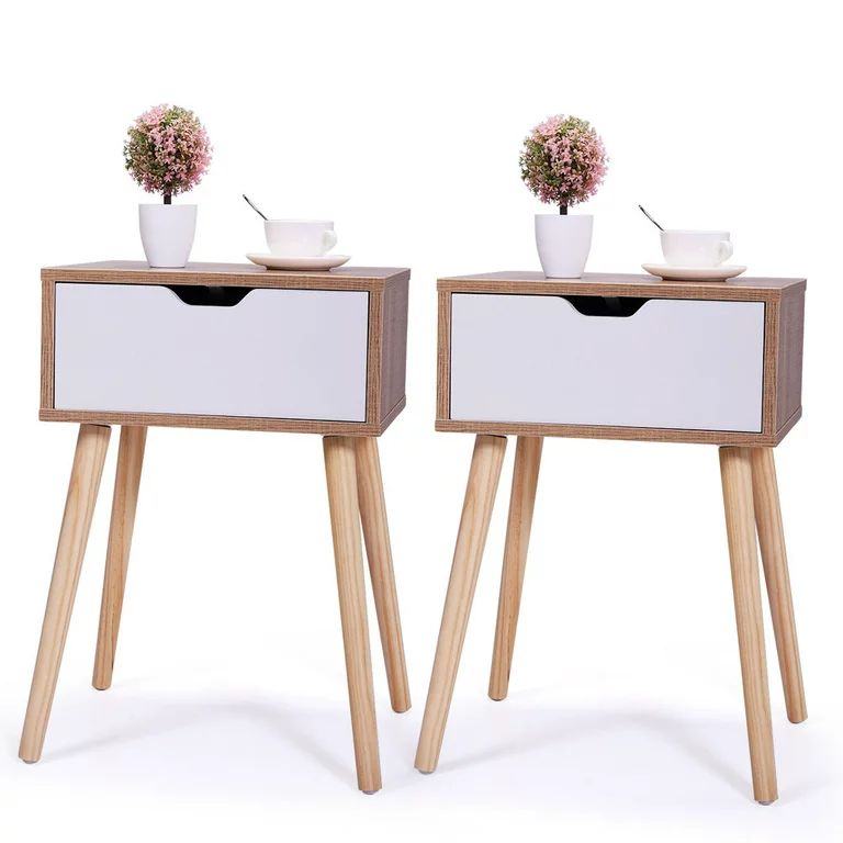 Topcobe Night Stand Set of 2, White, with Drawer, Modern Design Wood Leg Storage Cabinet, Wood Ni... | Walmart (US)