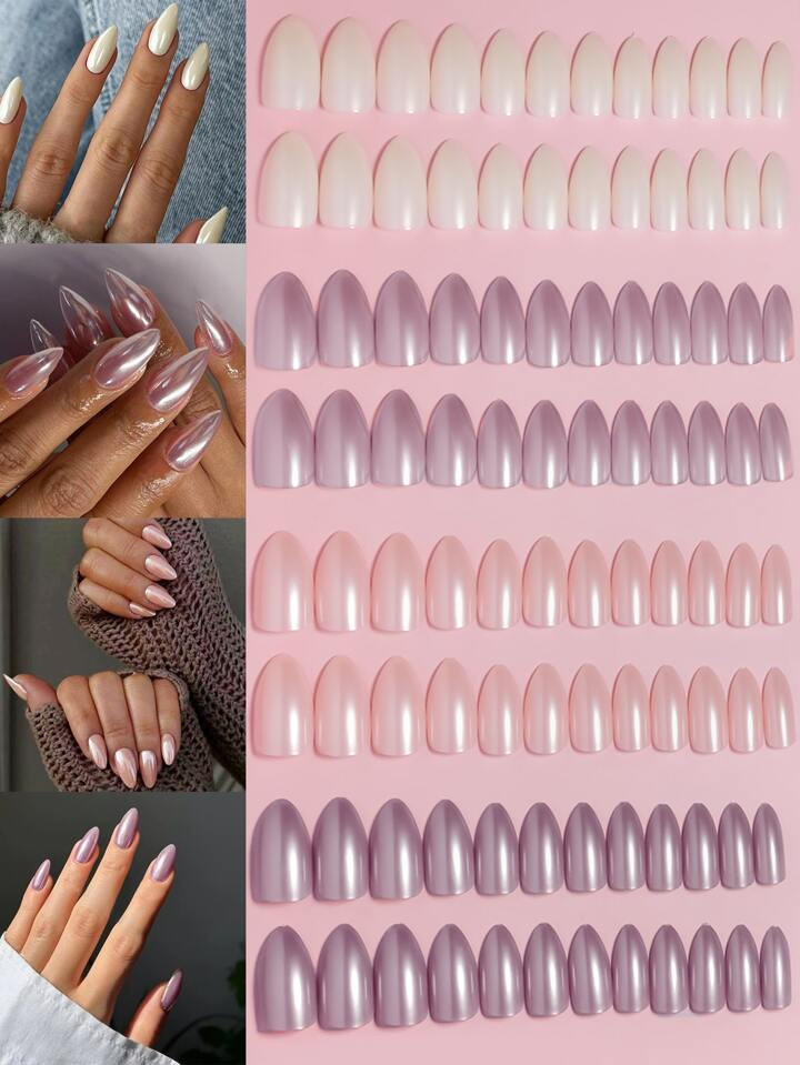 4Colors (96 Pcs) Pearl Color Press on Nails Fake Nail Glossy Almond Shape Medium Length Full Cove... | SHEIN