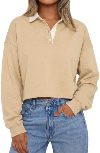 Tankaneo Womens Polo Shirts Long Sleeve Fall Sweatshirts Pullover Crop Tops | Amazon (US)