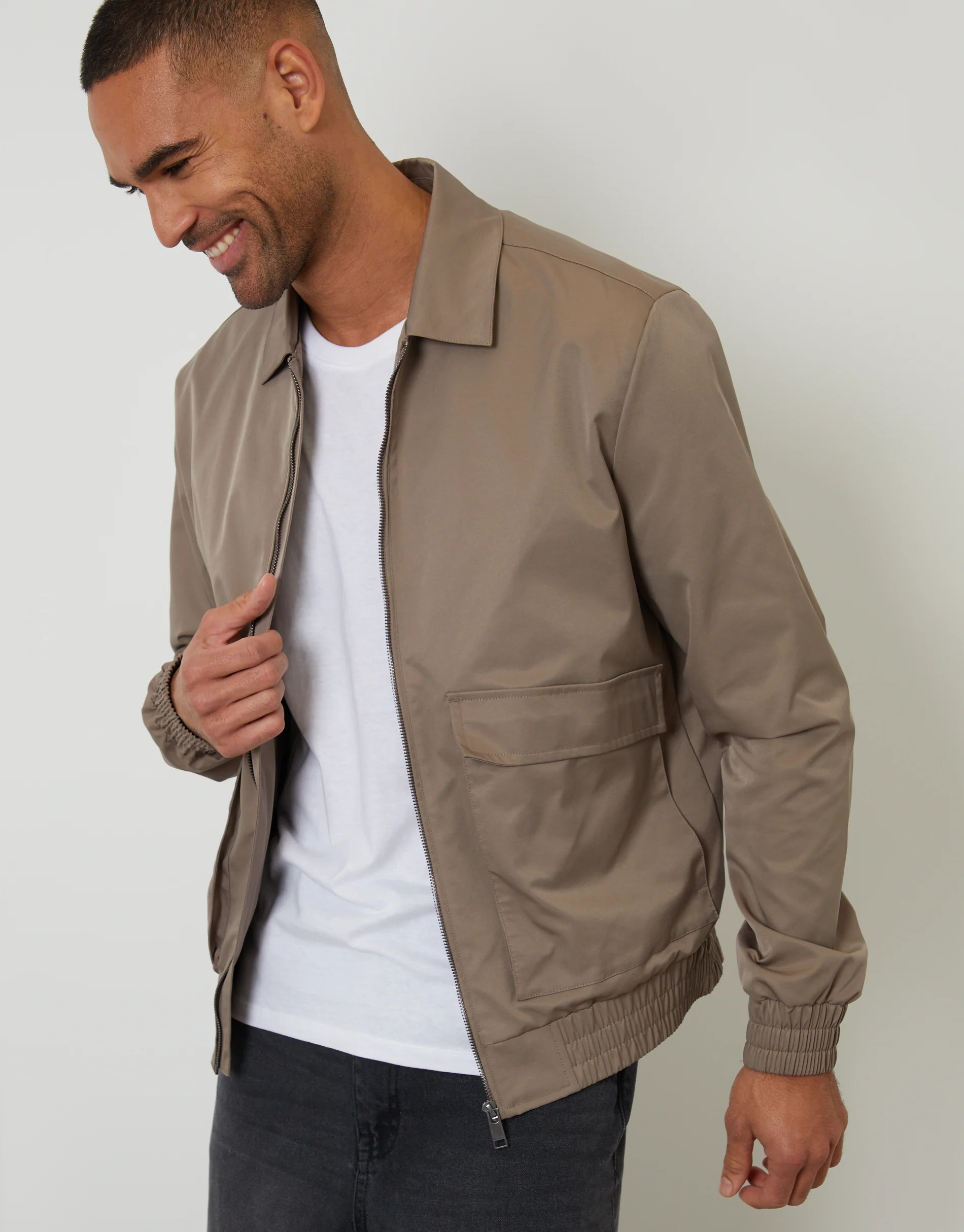 Taupe  Showerproof Patch Pocket Zip Up Collared Jacket | Threadbare