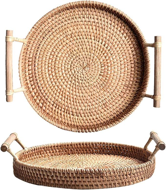 Amazon.com: YANGQIHOME Rattan Round Bread Serving Basket Handcrafted Bread Serving Tray Platter w... | Amazon (US)